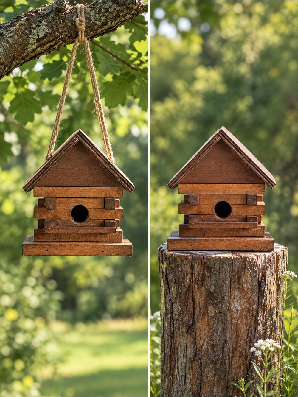 Vintage Wooden Birdhouse - Log Cabin